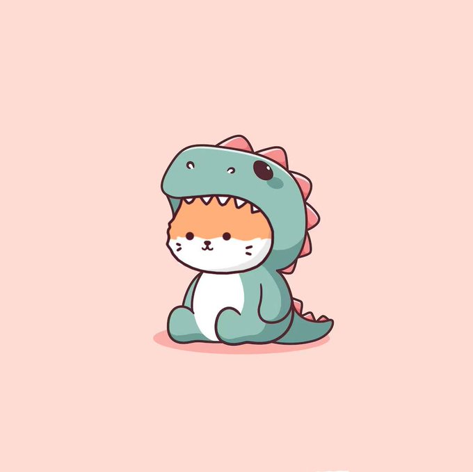 A cute cartoon illustration of a small orange and white cat wearing a green dinosaur costume with spikes, sitting against a soft pink background.