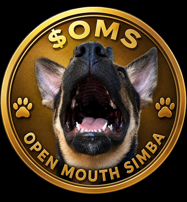 A golden coin displays a German Shepherd with its mouth wide open, surrounded by the text "$OMS" at the top and "OPEN MOUTH SIMBA" at the bottom, flanked by paw print icons. The image visually represents the post's theme of Simba the German Shepherd "barking" with enthusiasm, symbolizing the loud and early energy of the $OMS memecoin at a $4.93K market cap on Solana.