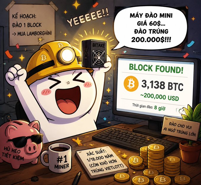 A cartoon illustration of a happy Bitcoin miner character celebrating finding a block worth 3,138 BTC (~$200,000 USD), with Vietnamese text about mining plans and odds of 1/18,000,000.
