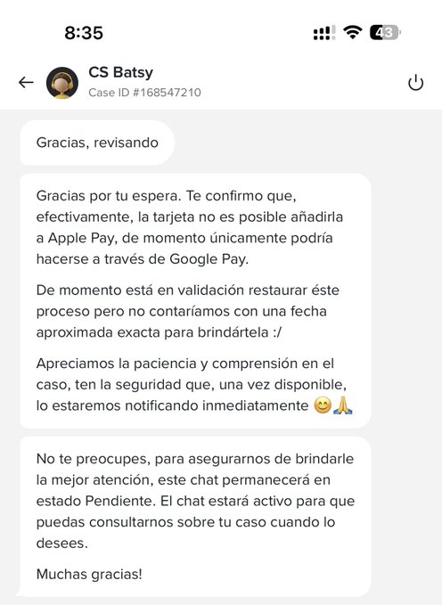 A screenshot of a Binance customer service chat (CS Batsy, Case ID #168547210) where the agent confirms that the Binance card cannot currently be added to Apple Pay and is only compatible with Google Pay, with no estimated date for when Apple Pay functionality will be available.
