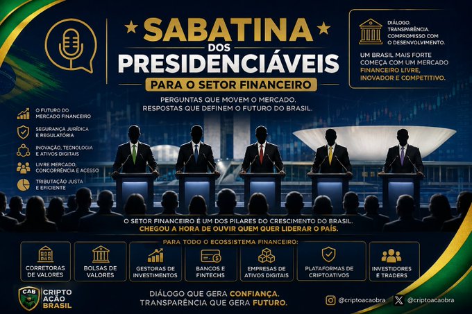 A promotional graphic in Portuguese for 'SABATINA DOS PRESIDENCIÁVEIS' (Presidential Candidate Hearings) for the financial sector, organized by criptoacao.com.br.