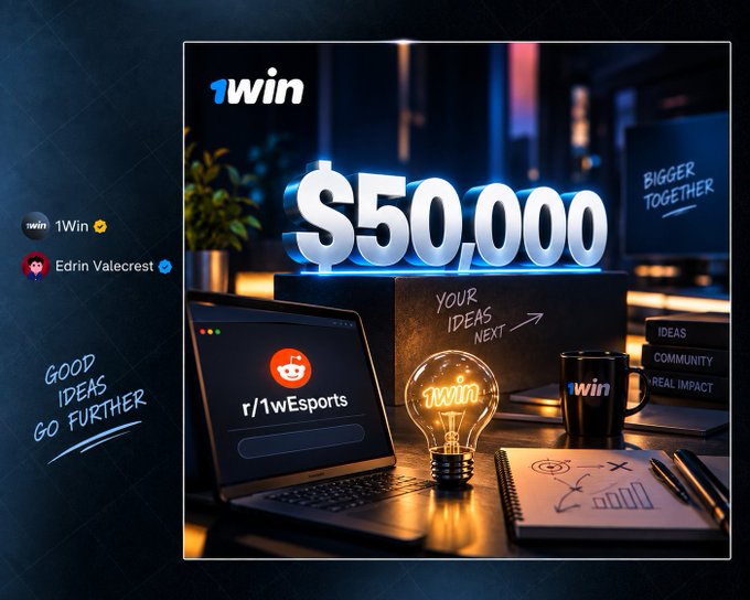 A promotional graphic for 1Win featuring a $50,000 prize pool alongside imagery of a laptop showing r/1wEsports, a glowing lightbulb, and a coffee mug, with the tagline 'Good Ideas Go Further'.