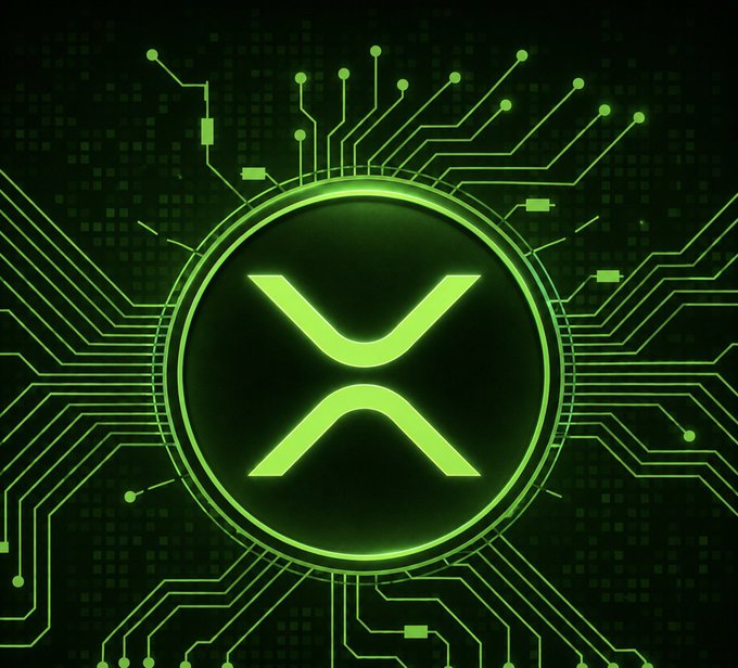 The image features a glowing green XRP logo at the center of a circuit board design, representing the digital and technological nature of the cryptocurrency. This visual ties into the post's bullish sentiment by symbolizing XRP's potential for a major upward movement next week.