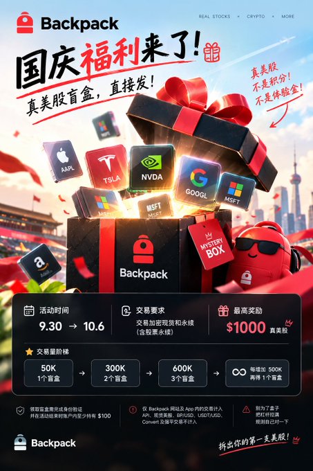 Promotional advertisement for Backpack featuring a red gift box with stock and crypto logos (AAPL, TSLA, NVDA, GOOGL, MSFT), advertising a National Day promotion running 9.30 to 10.6 with up to $1000 in US stock rewards.