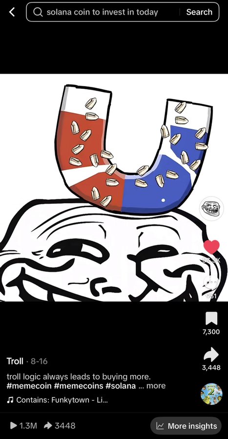 TikTok-style meme video titled 'Troll' showing a cartoon trollface with a horseshoe magnet attracting Solana coins, with the search query 'solana coin to invest in today' visible.