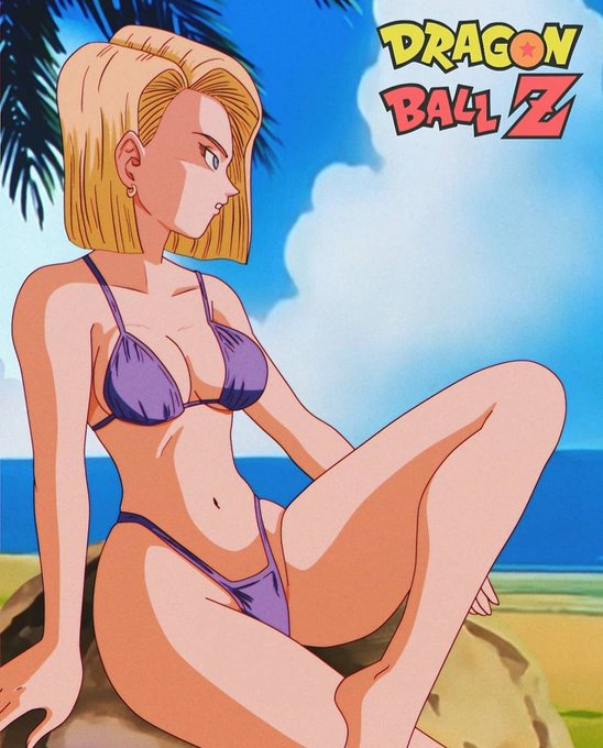An anime illustration from Dragon Ball Z shows Android 18, a blonde female character, sitting on a rock in a purple bikini against a tropical beach background.