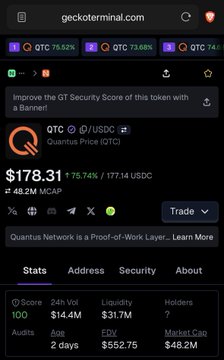 A screenshot from geckoterminal.com displays the Quantum Price (QTC) token trading at $178.31, up 75.74% in 24 hours with a market cap of $48.2M. The page highlights "Quantus Network is a Proof-of-Work Layer," tying directly to the post's "Proof of Quantum bag work" reference.