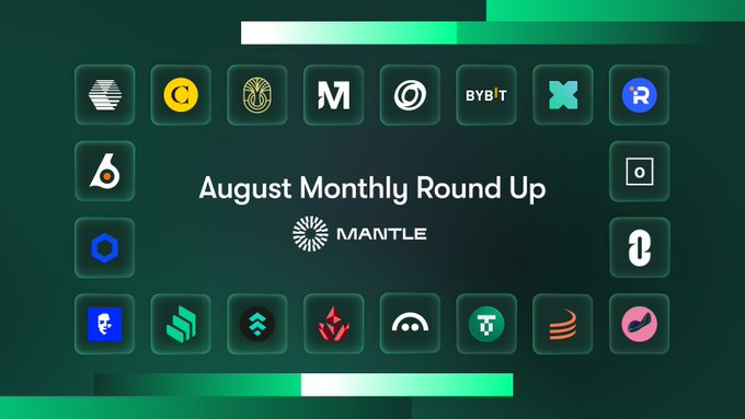 A promotional graphic titled "August Monthly Round Up" featuring the Mantle logo at its center, surrounded by a grid of partner cryptocurrency and fintech company logos including Bybit, M, and various others. The image visually represents Mantle's August ecosystem expansion, showcasing the network of platforms integrated with Mantle as it grew to host over $800M in assets across tokenized equities, stablecoins, and institutional yield products.