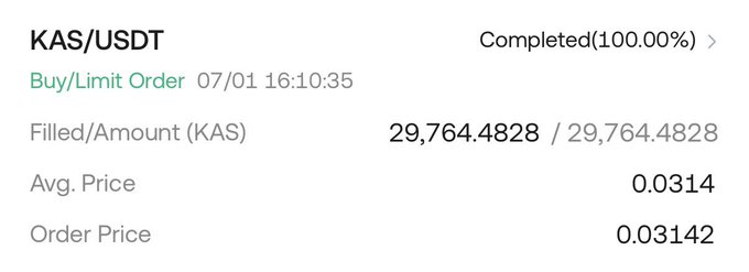 Crypto trading confirmation showing completed KAS/USDT Buy/Limit Order for 29,764.4828 KAS at average price 0.0314, 100% completed.