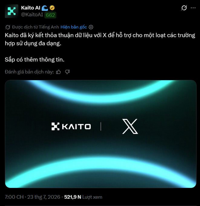 A tweet from Kaito AI (@KaitoAI) announcing a data agreement with X to support various use cases, accompanied by a teaser graphic showing the Kaito and X logos.
