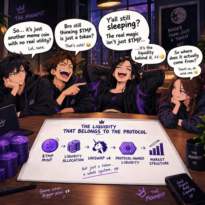 An anime-style illustration of four characters discussing '$TMP' as 'The Liquidity That Belongs to the Protocol' by 'The Moonpot'.