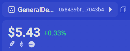 A blue screen displays a wallet address starting with 'GeneralDe...' and a balance of $5.43, showing a +0.33% change.