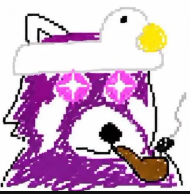 A pixel art drawing featuring a large white duck character wearing purple clothing and a hat, holding a smoking brown pipe, with pink glowing eyes.