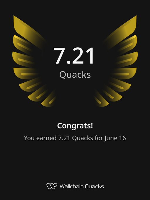 The image shows an advertisement for Quacks, which is a website that sells Quack-themed items such as Quack-shaped coasters or Quack-themed phone cases. The image features a gold bird with wings spread out against a black background. Below the bird, there's text that congratulates users on their Quack purchases and mentions that they've earned 7.21 Quacks for June 16.