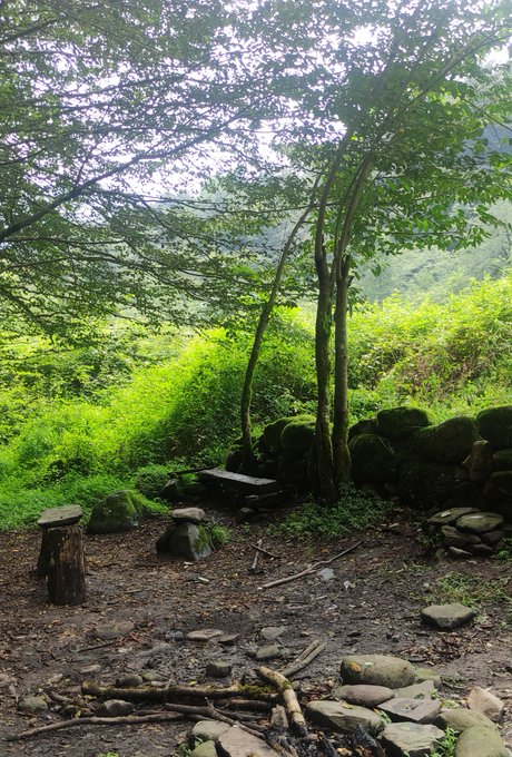 A peaceful outdoor scene features a stone fire pit surrounded by rocks in the foreground, with a moss-covered stone wall, a wooden bench, and lush green trees set against misty mountains in the background.
