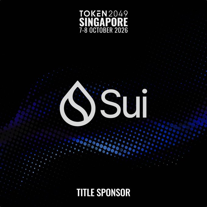 The image is a promotional graphic for TOKEN2049 Singapore (7-8 October 2026) featuring Sui as the Title Sponsor, with the Sui logo and water droplet icon displayed prominently against a dark blue dotted background.