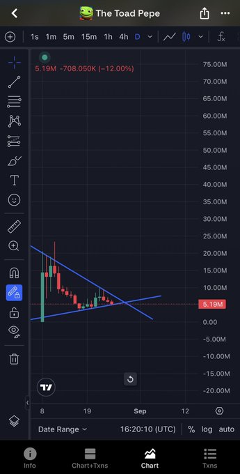 A candlestick chart from 'The Toad Pepe' showing a token price at 5.19M (-12.00%) with a downward trend and blue trendlines drawn on the chart.