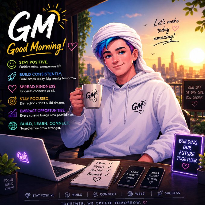 An illustrated 'Good Morning!' graphic featuring a smiling character with blue and purple hair holding a 'GM' mug, alongside motivational points like 'STAY POSITIVE' and 'BUILD, LEARN, CONNECT' against a sunset cityscape background.