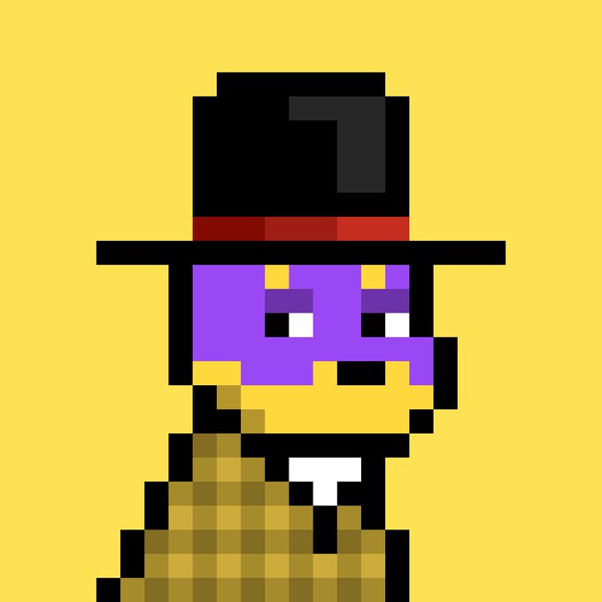 A pixel art character with a yellow face and purple blocky features wears a black top hat with a red band against a yellow background.