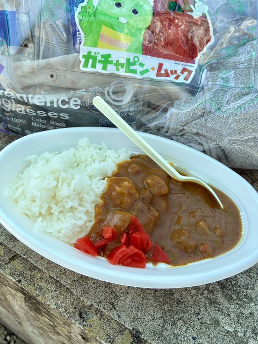 A plate of Japanese curry rice with white rice, pickled red ginger, and a plastic spoon, displayed in front of sunglasses packaging with a colorful sticker featuring a green frog mascot and Japanese katakana text (ガチャピン・ムック).