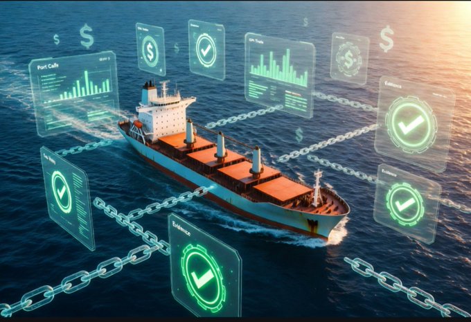 A cargo ship sails on the ocean, surrounded by digital blockchain chains and floating holographic screens displaying 'Port Calls', 'Efficiency', and checkmarks with dollar signs.