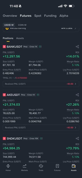 A Binance Futures mobile app screenshot showing the Assets/Positions tab with USDⓈ-M perpetual positions in BANKUSDT (+12,297.56 / +14.01%), AKEUSDT (+21,374.03 / +27.26%), and SNDKUSDT (+54,984.25 / +73.79%).