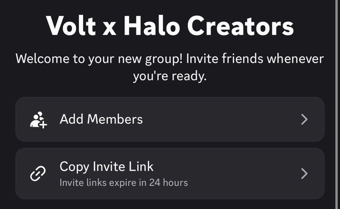A dark interface for "Volt x Halo Creators" welcomes users to their new group, offering options to "Add Members" or "Copy Invite Link" (which expires in 24 hours), aligning with the post announcing 4032 whitelist spots for Halo Creators via PoweredByVolt.