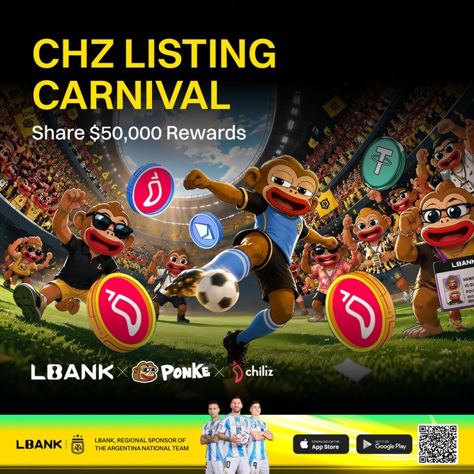 LBank CHZ Listing Carnival promotion offering $50,000 in shared rewards, featuring Ponke mascot characters playing soccer with Chiliz (CHZ) and Tether coins, with LBank as regional sponsor of the Argentina national team.