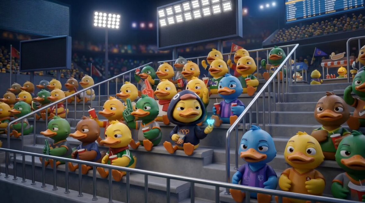 The image features a large group of ducks sitting together in front of a stadium filled with people watching them. The ducks are arranged in rows, some sitting while others stand or sit on chairs. There are at least 14 different types of ducks visible in various positions within the scene. The audience is seated behind a railing and appears to be enjoying the spectacle of the ducks performing for them.