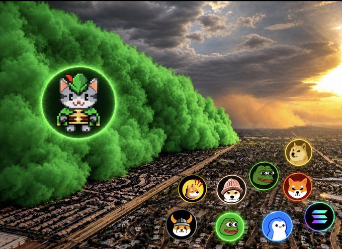 A massive green dust storm looms over a city landscape, with a pixelated cat in a ninja outfit (resembling a Robinhood-style character) emerging from a green glowing portal, surrounded by various meme coin icons including Shiba Inu, Pepe, and Doge, referencing the "ROBINCAT" meme born from the internet's creative reimagination of Robinhood's cat mascot.