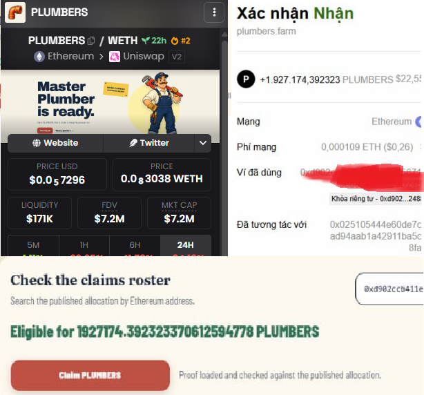 The image shows a PLUMBERS token airdrop claim page on plumbers.farm, displaying an eligible allocation of approximately 1,927,174.39 PLUMBERS tokens (worth ~$22.5) for a wallet previously involved in Ethereum DeFi activity, with stats showing $0.057296 price, $171K liquidity, and a $7.2M FDV. This illustrates the PLUMBERS retroactive airdrop discussed in the post, which rewards OG Ethereum DeFi users based on criteria like being UNI/1INCH claimers, early CRV LPs, BADGER Hunters, or Sushi participants.