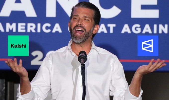 The image shows Donald Trump Jr. speaking passionately at a microphone in front of a "Make America Great Again" banner, with logos for Kalshi and Polymarket displayed on either side of him. The accompanying text discusses how Trump Jr. has positioned himself to profit from both prediction market platforms regardless of which one wins the competition.