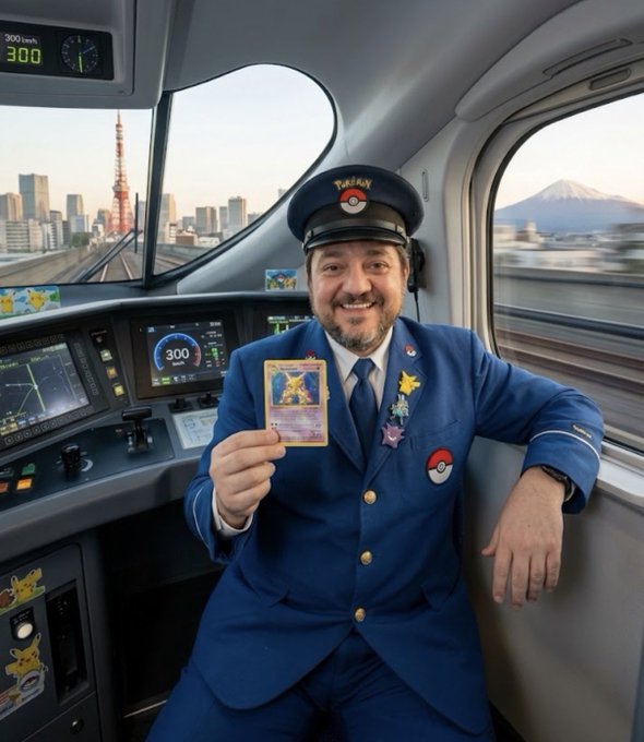 An AI-generated image of a smiling man in a blue train conductor uniform with Pokemon-themed accessories (cap and pocket emblem) holding a Pikachu trading card inside a high-speed train cabin.