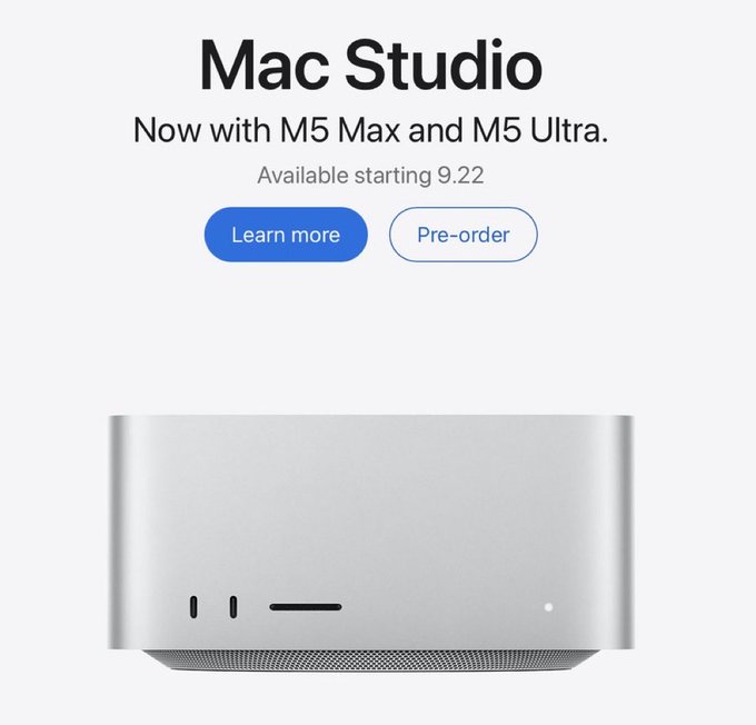 A promotional image for the Mac Studio featuring new M5 Max and M5 Ultra chips, available starting 9.22, showing the silver desktop computer with front-facing ports. The post humorously connects to the image by suggesting art sales could fund purchasing this high-performance machine to create more art.