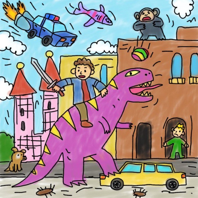 A whimsical, hand-drawn children's illustration shows a boy riding a purple dinosaur with a sword through a chaotic town scene featuring a flying police car, a monkey on a roof, a small boy, a dog, and a yellow car. The colorful, childlike artwork serves as the visual content for a promotional "Free Mint" post tied to the @KidStoryHood account, fitting the playful NFT storytelling theme.