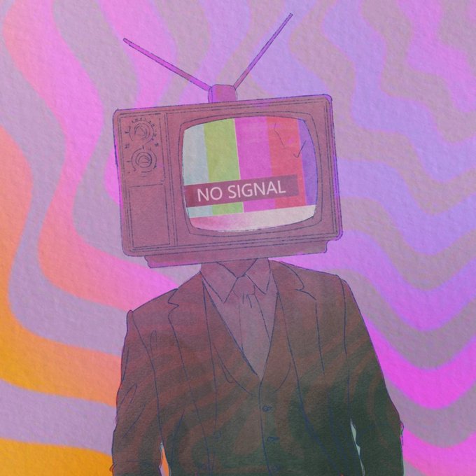 An illustration of a figure in a brown suit whose head is replaced by an old-fashioned television set displaying 'NO SIGNAL' with color bars, set against a swirly pink and purple background.
