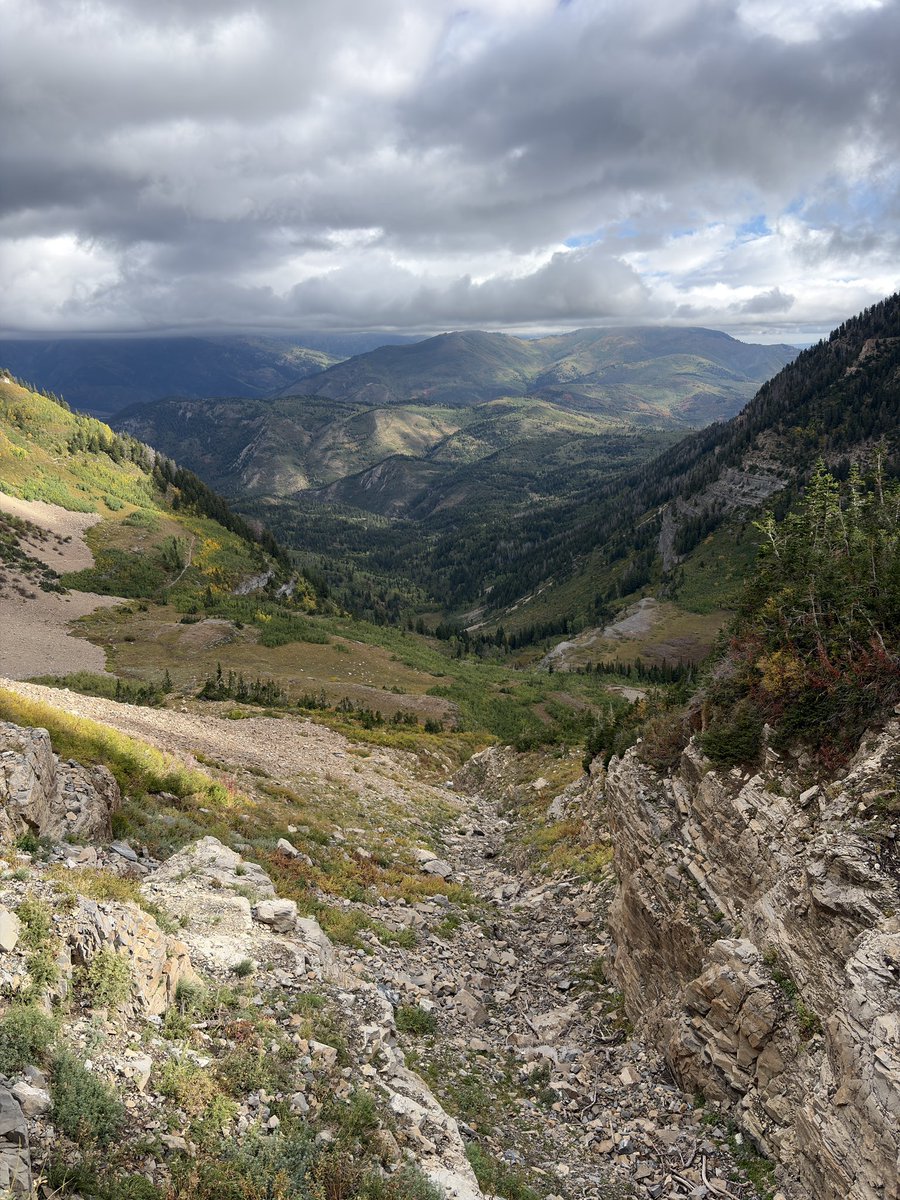 A scenic mountain landscape featuring a rocky, scree-covered trail descending into a forested valley with rolling green hills under a cloudy sky.