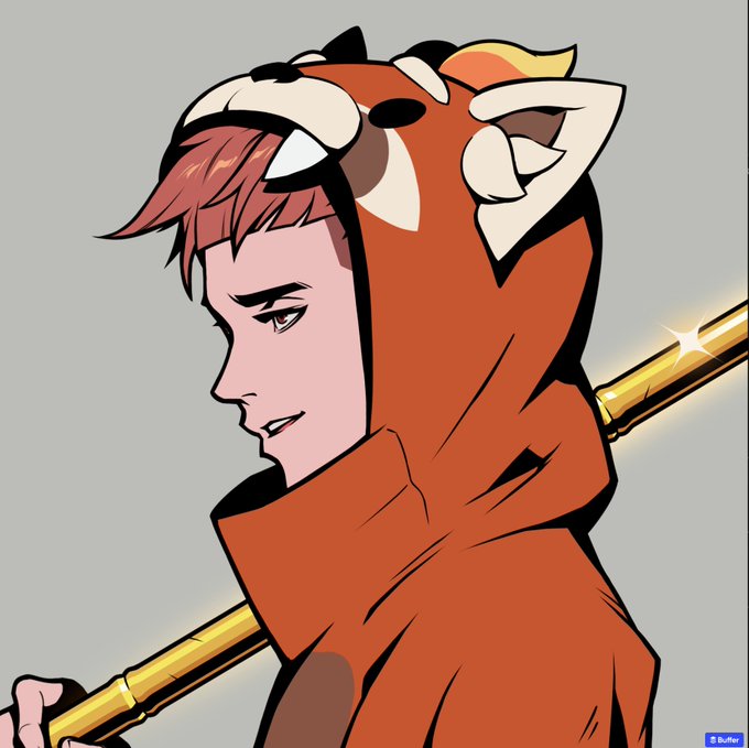 A stylized digital illustration of a red-haired character wearing a bear-eared hoodie and holding a golden staff, credited in the bottom right corner to 'Buffsu'.
