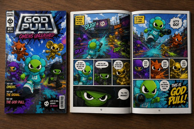 A mockup of a comic book titled 'GOD PULL COMICS #01 OMENS UNLEASHED,' featuring colorful cartoon characters fighting a villain named 'Dr. Evil Splat.'
