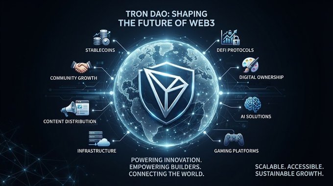 A similar infographic titled 'TRON DAO: SHAPING THE FUTURE OF WEB3' featuring a central globe and logo, connected to icons for Stablecoins, DeFi Protocols, Digital Ownership, AI Solutions, Gaming Platforms, Infrastructure, Content Distribution, and Community Growth.