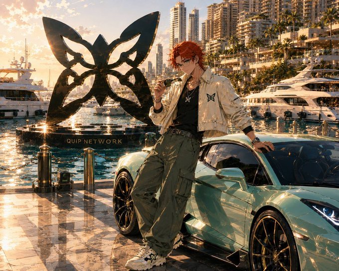 An anime-style illustration of a red-haired character in a white jacket and olive cargo pants leaning against a mint green sports car, with 'QUIP NETWORK' displayed on a sculpture in a marina setting.