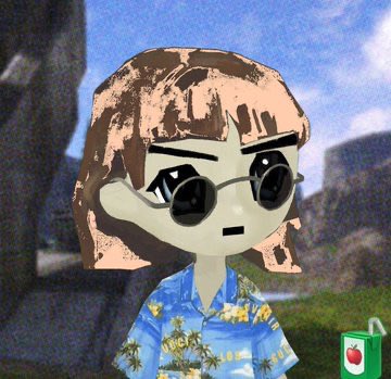 A cartoon-style avatar of a person with brown hair, black round glasses, and a blue Hawaiian shirt with palm tree patterns, holding a green apple juice carton.
