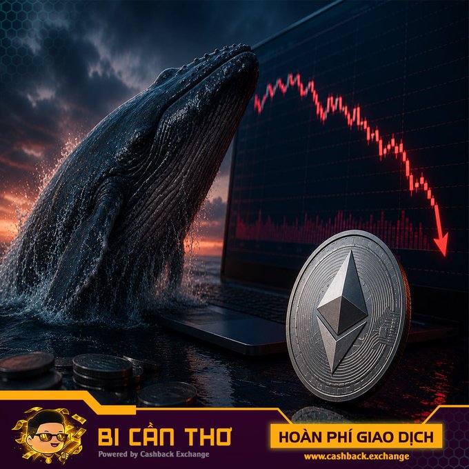 A dramatic image showing a breaching whale emerging from stormy seas next to a laptop displaying a sharply declining red ETH price chart, with an Ethereum coin in the foreground. The "BI CÂN THƠ - Powered by Cashback Exchange" branding and "HOÀN PHÍ GIAO DỊCH" banner appear at the bottom, visually illustrating the post about the whale (0xF3cd) accepting a $4.33 million loss on its 2,468 ETH holdings after holding for over 5 months.