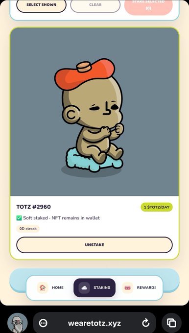A mobile screenshot of the wearetotz.xyz website displaying a cartoon Totz character NFT (#2960) with a "Soft staked" status, showing 1 $TOTZ daily rewards and an option to unstake. The image illustrates the user's post about being able to stake their @WeAreTOTZ NFTs directly from their phone, with the staking interface clearly visible on screen.
