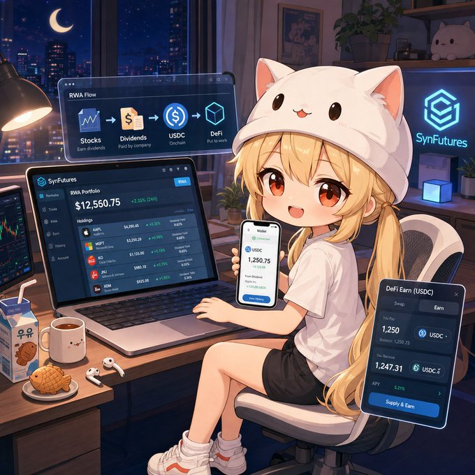 An anime-style illustration of a blonde girl wearing a white cat hat, sitting at a desk with multiple screens displaying financial apps and crypto platforms like SynFutures, showing a portfolio value of $12,560.75 and USDC earnings.