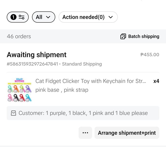 Shopify-style order management screen showing 46 orders with one 'Awaiting shipment' order #586315932972647841 for 4 Cat Fidget Clicker Toys totaling ₱455.00, with a customer note requesting '1 purple, 1 black, 1 pink and 1 blue please.'