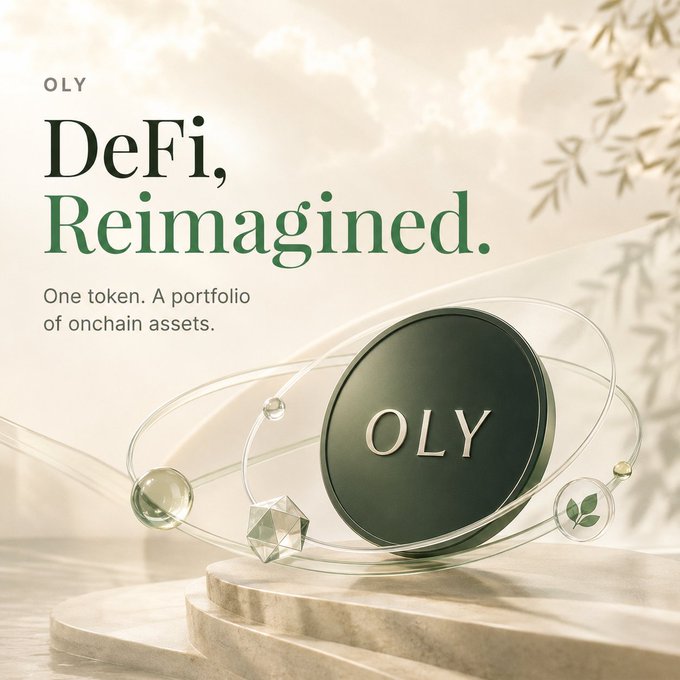 A promotional graphic featuring the "OLY" token centered on a marble pedestal with the headline "DeFi, Reimagined." and tagline "One token. A portfolio of onchain assets." The elegant, premium visual aesthetic aligns with the post's message, presenting OLY as a thoughtful, protective DeFi system designed to reward long-term holders and penalize sellers with an ETH tax.