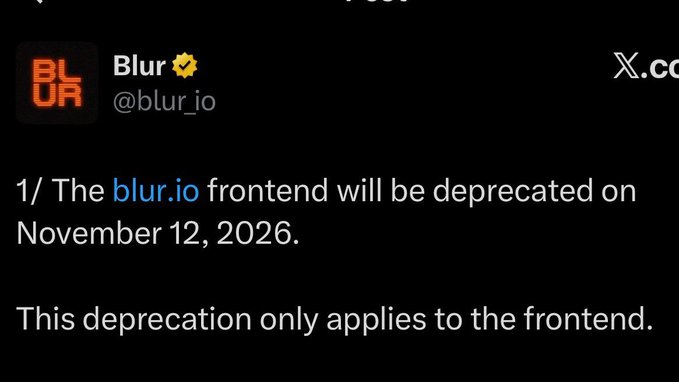 A social media post from the verified account 'Blur' (@blur_io) announcing that the blur.io frontend will be deprecated on November 12, 2026.