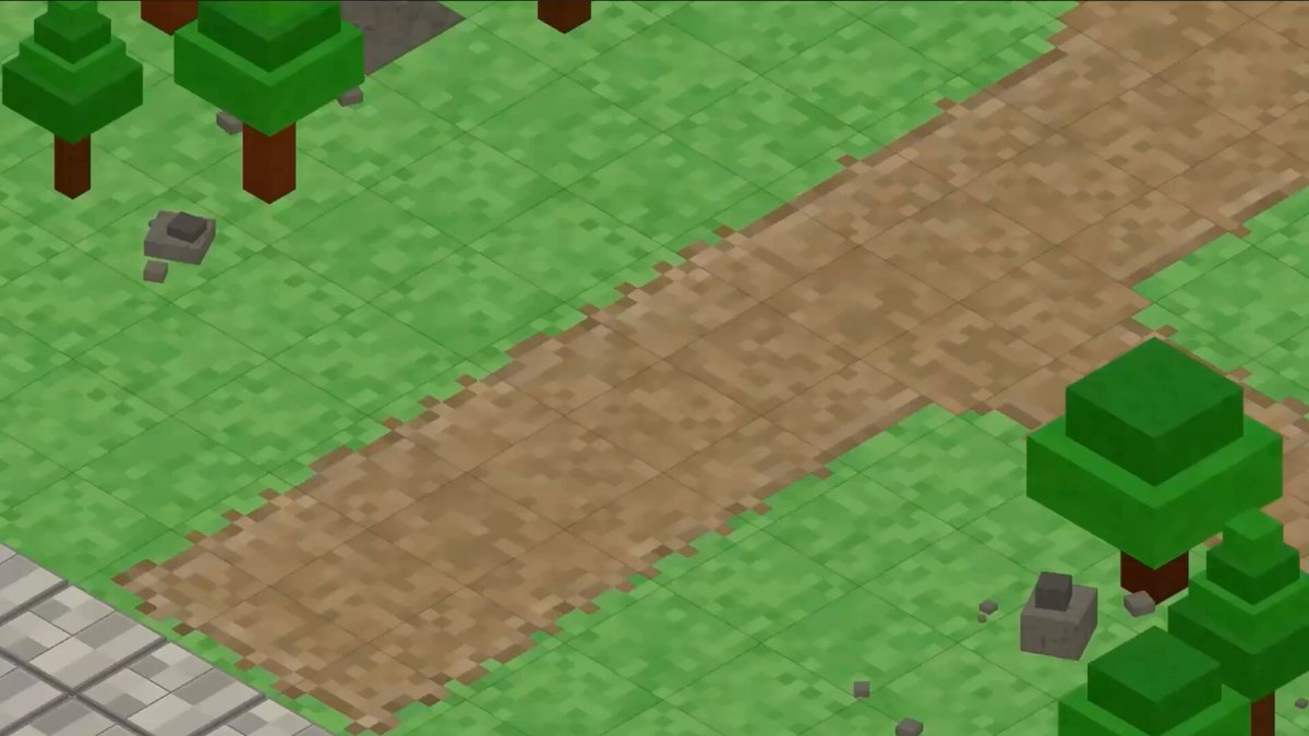 The image shows an open-world map of a Minecraft game featuring a dirt road running through a grassy area with trees nearby. The road appears to be made of dirt, adding a rustic feel to the scene. There are also some rocks scattered around the path and trees in the background. The post about solana games is located at the bottom right corner of the image, providing information on the game's content or related events.