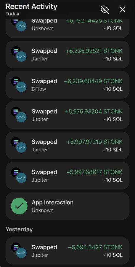 A 'Recent Activity' panel shows multiple crypto transactions involving swapping for 'STONK' using SOL across Jupiter and other platforms.